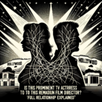 Silhouettes of a man and woman connected by lines with Hollywood signs, symbolizing a rumored relationship.