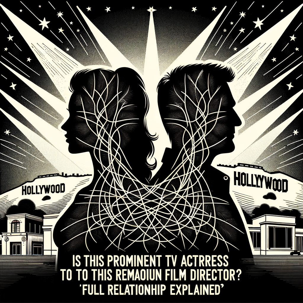 Silhouettes of a man and woman connected by lines with Hollywood signs, symbolizing a rumored relationship.