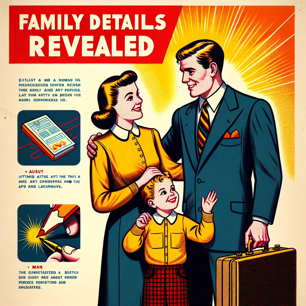 Vintage illustration of a happy family with text about Jake Shane's parents, Helaine Olen and Matt Roshkow.