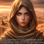 Portrait of Paul Atreides' sister Alia with glowing purple eyes, hooded cloak, in a desert at sunset.