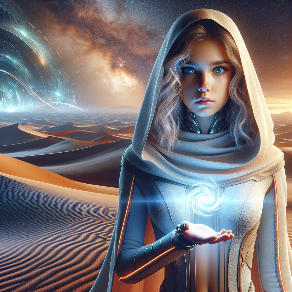 Futuristic woman, Paul Atreides' sister Alia, holding glowing energy orb in a desert sci-fi landscape.